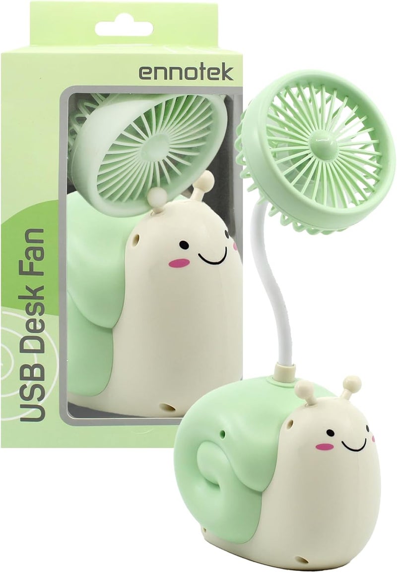 Ennotek Cute Snail Desk Fan with Pen Caddie – USB Plug‑In Table Fan with Strong Airflow & Small Backup Battery – Fun Office Desk Accessories for Home, School & Work (Green Snail) - Image 1